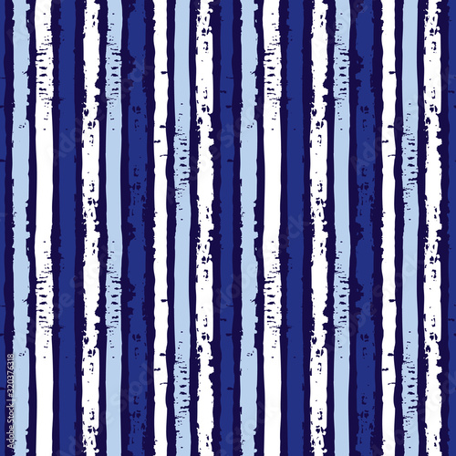 Vector blue vertical grunge brush striped repeat pattern with white background. Texture for web, print, wallpaper, home decor, fabric, textile, invitation background, wrapping paper. © Jamie Soon