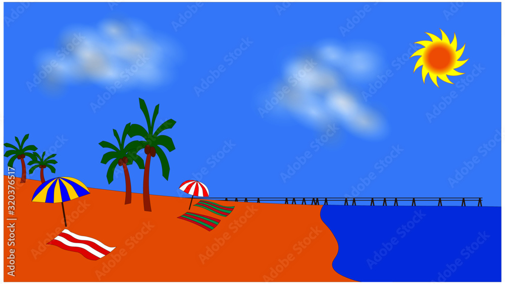 A vector image of a day at the beach complete with umbrellas, beach towels and palm trees.  Layered for isolation and easy color modifications
