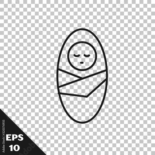 Black line Newborn baby infant swaddled or swaddling icon isolated on transparent background. Baby kid child wrapped in blanket clothes. Vector Illustration