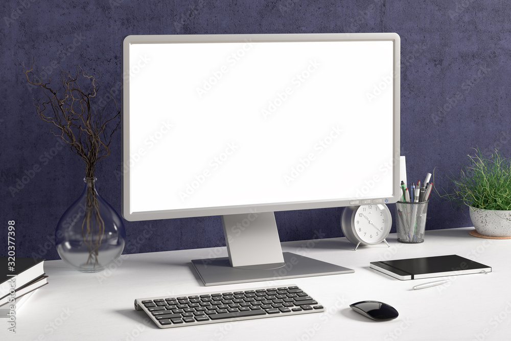 Workspace with blank computer monitor white screen mock up on the white desk near blue wall. monitor; screen; computer; mock up; Workspace with blank computer monitor white screen mock up on the white desk near blue wall. monitor; screen; computer; mock up;