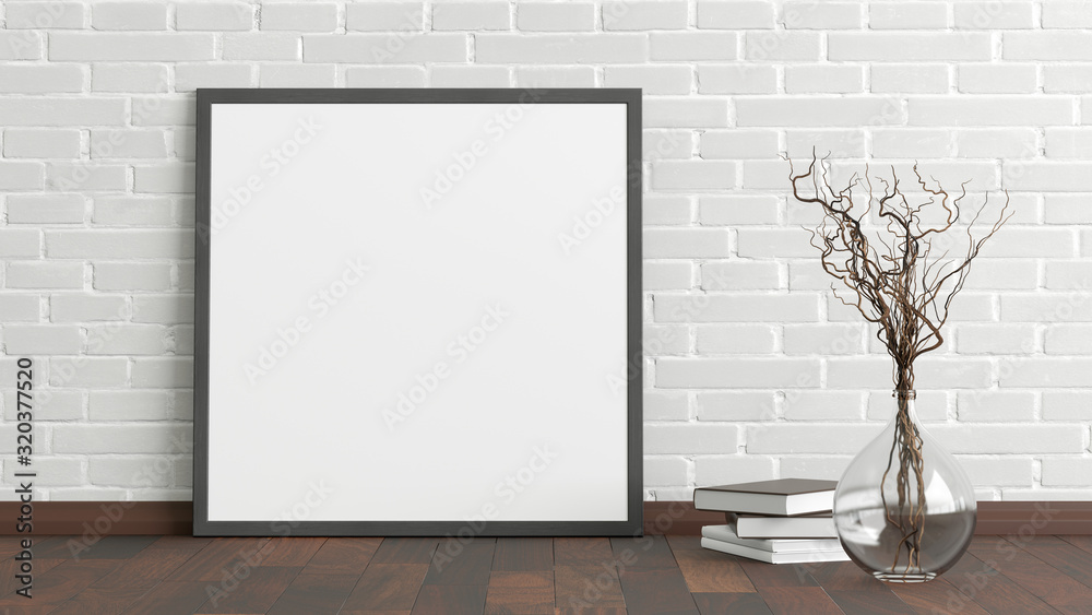 Blank square poster frame mock up standing on dark parquet floor next to white brick wall with vase and books. Clipping path around poster. 3d illustration