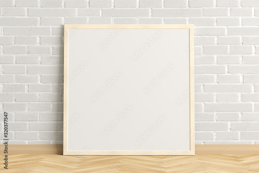 Blank square poster frame mock up standing on light herringbone parquet floor next to white brick wall. Clipping path around poster. 3d illustration Blank square poster frame mock up standing on light herringbone parquet floor next to white brick wall. Clipping path around poster. 3d illustration