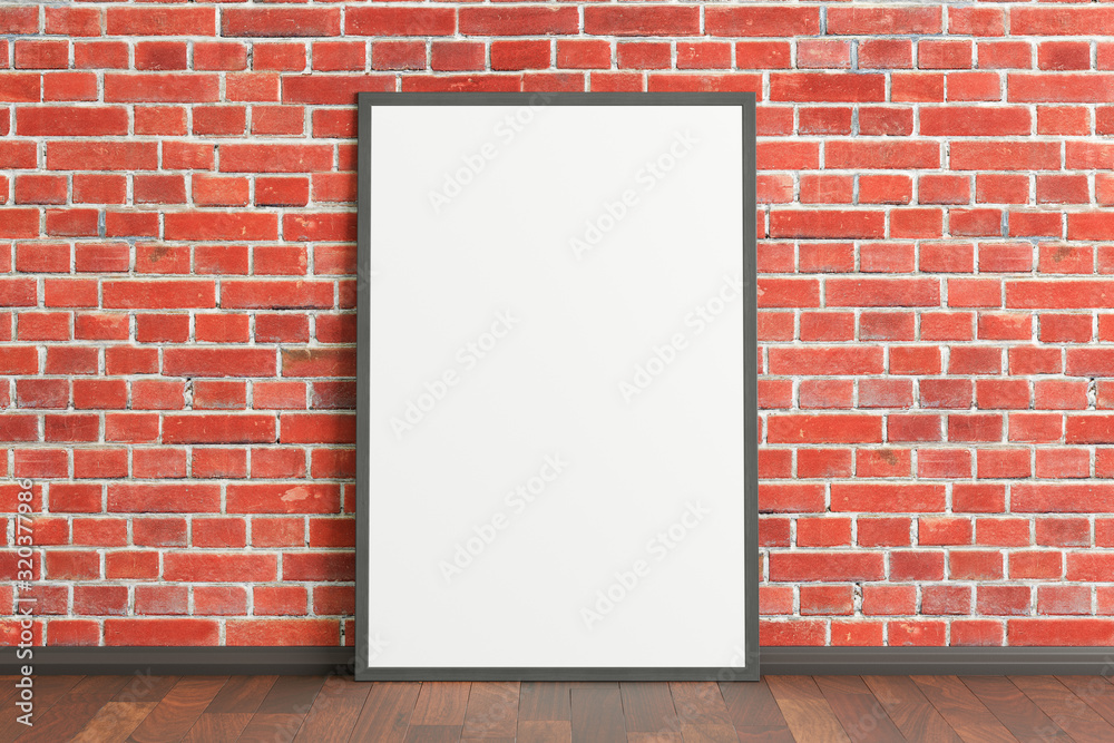Blank vertical poster frame mock up standing on dark wooden floor next to red brick wall. Clipping path around poster. 3d illustration Blank vertical poster frame mock up standing on dark wooden floor next to red brick wall. Clipping path around poster. 3d illustration