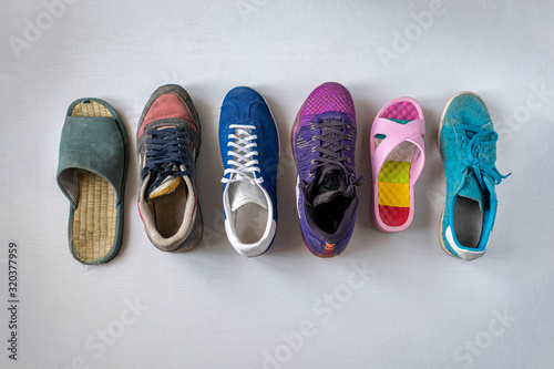 view from above of some various casual shoes flat lay