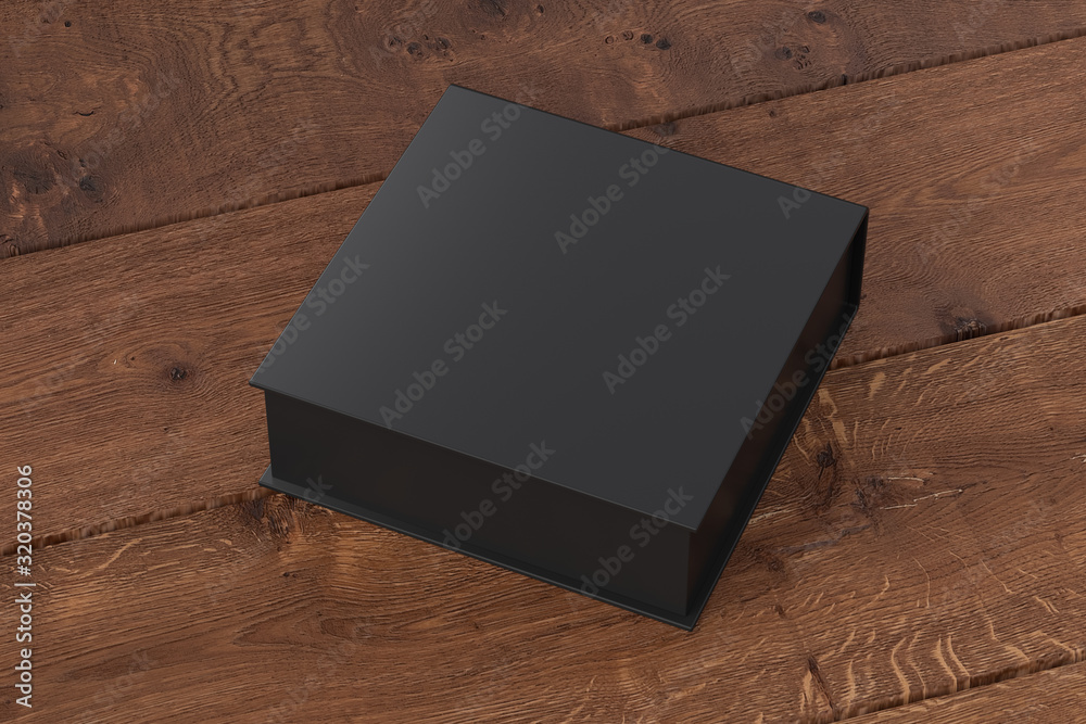 Blank black flat square gift box with closed hinged flap lid on dark wooden background. Clipping path around box mock up. 3d illustration Blank black flat square gift box with closed hinged flap lid on dark wooden background. Clipping path around box mock up. 3d illustration