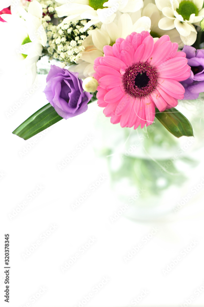 Wedding bouquet with pink and purple flowers isolated on white backgroiund. Copyspace.