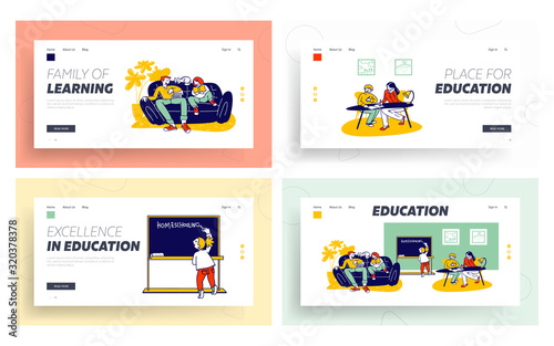 Home Studying and Schooling for Kids Website Landing Page Set. Domestic Educational Plan for Pupils. Children Get Education with Tutors Web Page Banner. Cartoon Flat Vector Illustration, Line Art