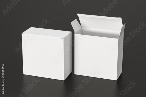 Blank white wide square box with open and closed hinged flap lid on black background. Clipping path around box mock up. 3d illustration