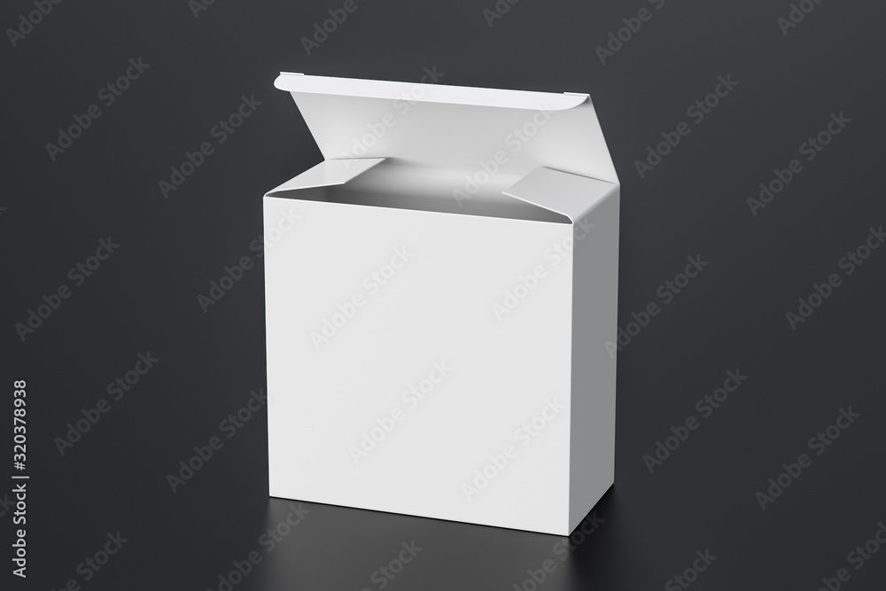 Blank white wide square box with opened hinged flap lid on black background. Clipping path around box mock up. 3d illustration Blank white wide square box with opened hinged flap lid on black background. Clipping path around box mock up. 3d illustration