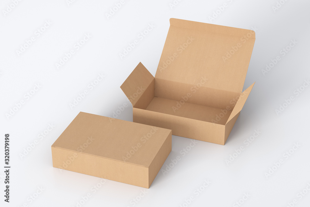 Blank cardboard wide flat box with open and closed hinged flap lid on white background. Clipping path around box mock up. 3d illustration Blank cardboard wide flat box with open and closed hinged flap lid on white background. Clipping path around box mock up. 3d illustration