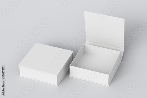 Foto Blank white flat square gift box with open and closed hinged flap lid on white background