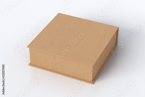Blank cardboard flat square gift box with closed hinged flap lid on white background. Clipping path around box mock up. 3d illustration