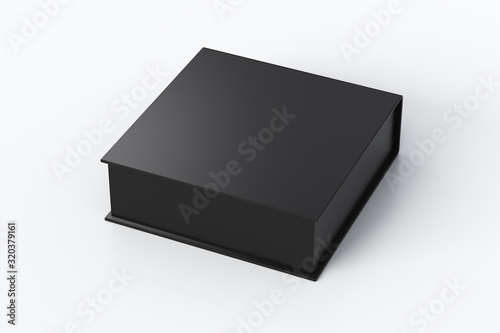 Blank black flat square gift box with closed hinged flap lid on white background. Clipping path around box mock up. 3d illustration photo