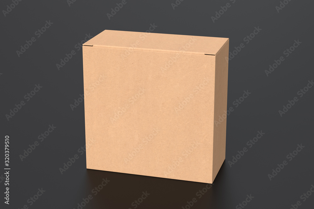 Blank cardboard wide square box with closed hinged flap lid on black background. Clipping path around box mock up. 3d illustration Blank cardboard wide square box with closed hinged flap lid on black background. Clipping path around box mock up. 3d illustration