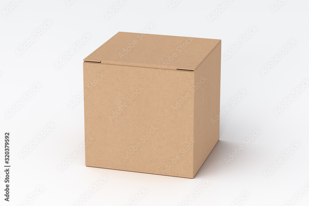 Blank cardboard cube gift box with closed hinged flap lid on white background. Clipping path around box mock up. 3d illustration - obrazy, fototapety, plakaty 