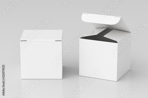 Leinwand Poster Blank white cube gift box with open and closed hinged flap lid on white background