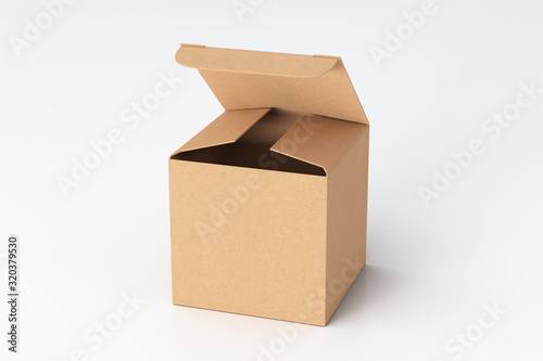 Leinwand Poster Blank cardboard cube gift box with opened hinged flap lid on white background