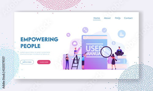 User Manual Website Landing Page. People with Some Office Stuff Discussing Content of Guide. People Read Book with Instructions Using Tech Equipment Web Page Banner. Cartoon Flat Vector Illustration