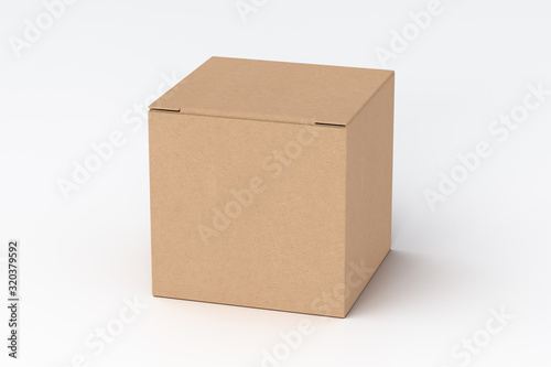 Blank cardboard cube gift box with closed hinged flap lid on white background. Clipping path around box mock up. 3d illustration