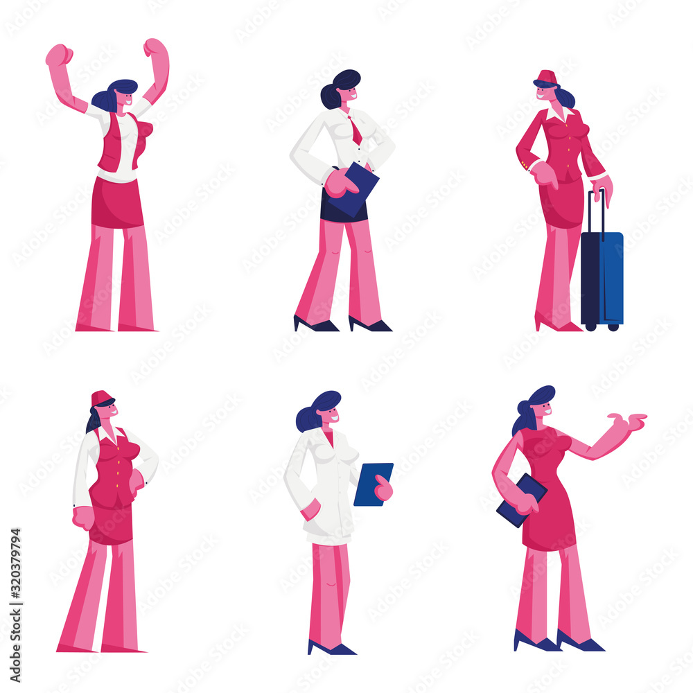Set Female Characters of Different Professions Wearing Uniform. Air Hostess, Waiter Doctor in White Robe, Sexy Lady Posing in Red Dress Isolated on White Background Cartoon Flat Vector Illustration