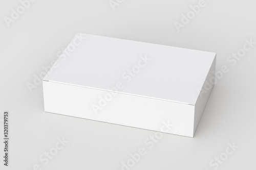Fotografiet Blank white wide flat box with closed hinged flap lid on white background
