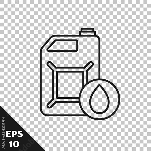 Black line Plastic canister for motor machine oil icon isolated on transparent background. Oil gallon. Oil change service and repair. Vector Illustration