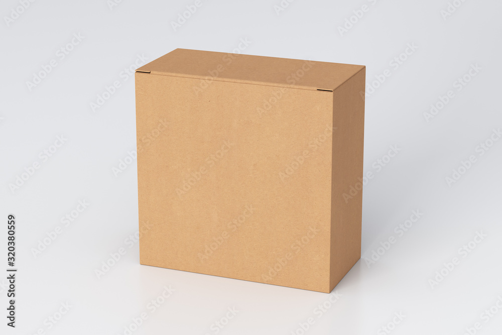Blank cardboard wide square box with closed hinged flap lid on white background. Clipping path around box mock up. 3d illustration Blank cardboard wide square box with closed hinged flap lid on white background. Clipping path around box mock up. 3d illustration