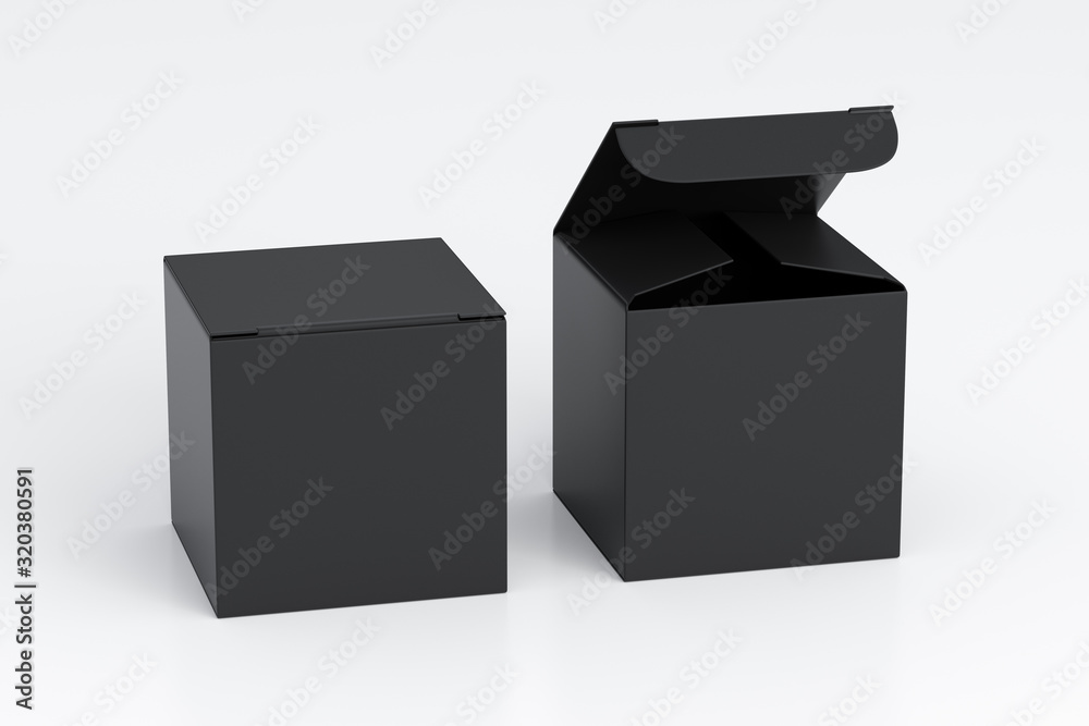 Blank black cube gift box with open and closed hinged flap lid on white background. Clipping path around box mock up. 3d illustration Blank black cube gift box with open and closed hinged flap lid on white background. Clipping path around box mock up. 3d illustration