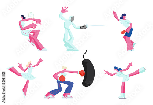 Set of Female Characters Gaining Sports Activity. Young Women Playing Tennis  Ping Pong  Fencing Tournament  Figure Skating  Box Training Isolated on White Background Cartoon Flat Vector Illustration