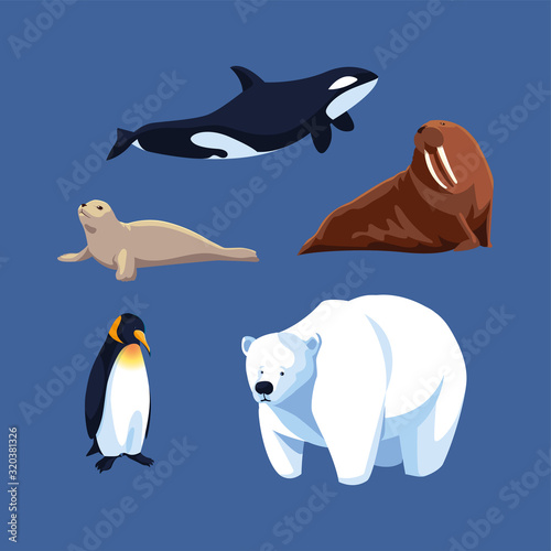 set of arctic animals in a blue background