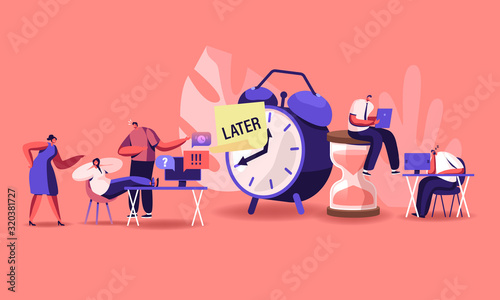 Procrastination Concept. Procrastinating Lazy Businesspeople Employees Sleeping and Sitting at Workplace with Legs on Office Desk Postponing Work Unprofitable Time Cartoon Flat Vector Illustration photo