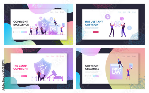 Invention or Idea Copyright Protection Website Landing Page Set. Security Stand near Huge Shield with Lamp Icon and Gavel, People Study Patent Law Web Page Banner. Cartoon Flat Vector Illustration