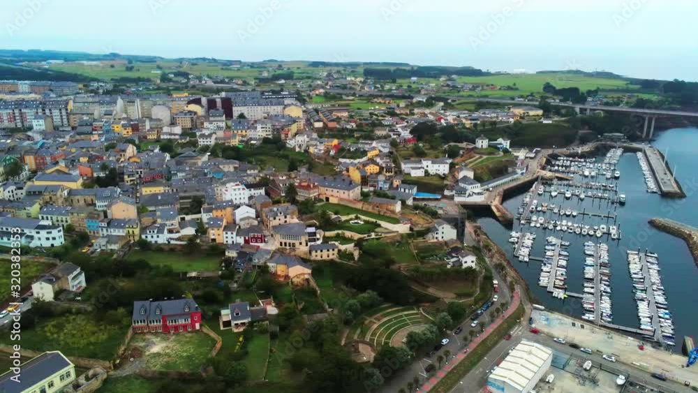 Aerial overview of the coastal town Ribadeo in Galicia,Spain. Drone Video Aerial overview of the coastal town Ribadeo in Galicia,Spain. Drone Video