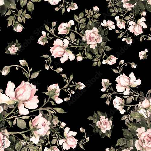  Watercolor seamless pattern bouquet of roses in bud 