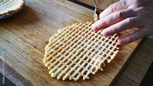 Cooking waffles, homemade sweets. 4K video. Sweet dessert. Homemade pastry. Tasty meal. Food video. Sweet dessert background.