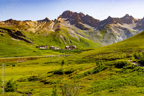 Panoramic mountain views in the French Alps in the summer.