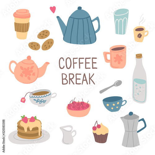 Coffee break hand drawn set with lettering. Tea time cute vector illustration with teapots, cups, glass, desserts.