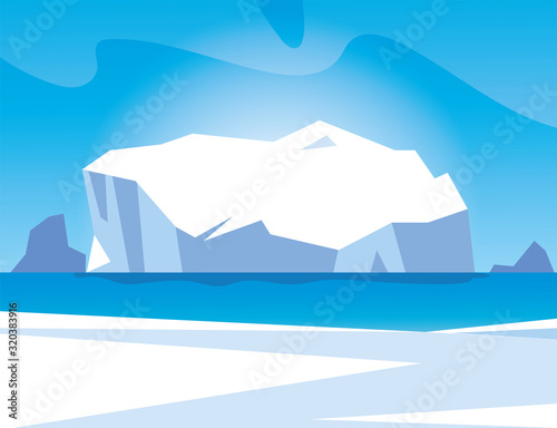 arctic landscape with blue sky and iceberg, north pole