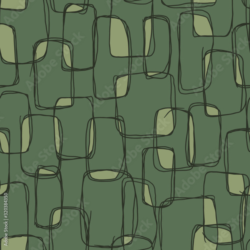 Abstract graphic pattern with linear cross shapes on a green background and small light green segments