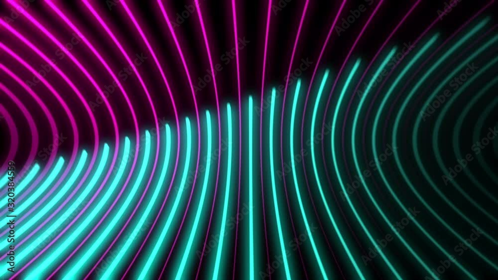 Glowing magenta and cyan neon circle light beams motion background.