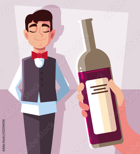 professional waiter holding bottle of wine