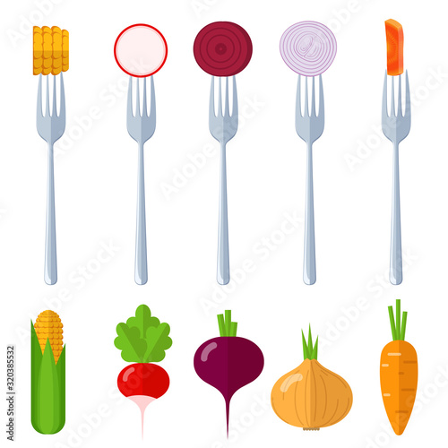 Fresh juisy raw vegetables on the forks, diet healthy eating vegetarian vector concept. Sweet corn, beets, onions, carrots, radishes