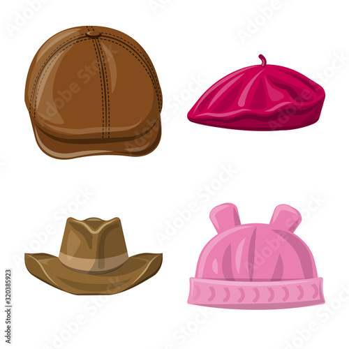 Vector illustration of headgear and cap icon. Collection of headgear and accessory vector icon for stock.