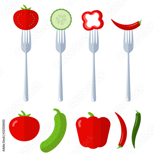 Fresh juisy raw vegetables on the forks, diet healthy eating vegetarian vector concept. Tomato, cucumber, paprika, hot pepper