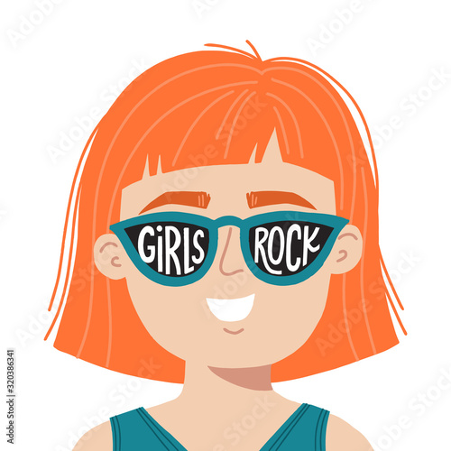 Girl power hand drawn vector illustration. Woman in sunglasses with inspirational slogan girls rule. Feminist concept for t shirt, poster, print.