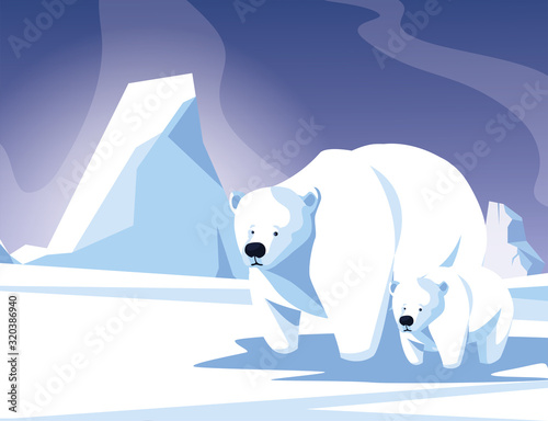 polar bear with cub at the winter landscape  mother and child