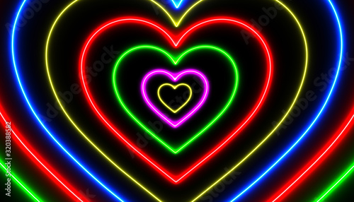 Colorful neon heart shape 3D Rendering in Perspective Tunnel
