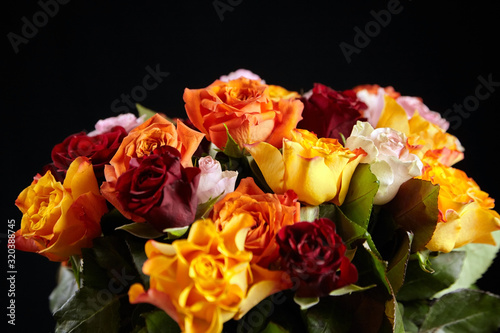 Bouquet of different color roses on a black background  closeup. Red  orange and pink flowers. Romantic Valentine s Day Gift