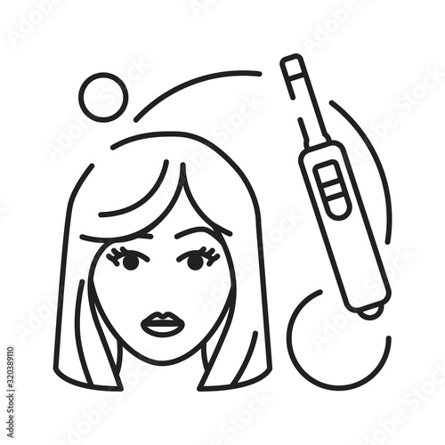 Pregnancy test with positive result as a two lines black icon. Early pregnancy symptoms. Blond woman and medical tool concept. Planning a baby, motherhood and healthcare. Sign for web or mobile app.