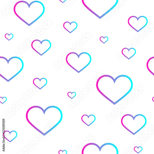 Pink-blue gradient contour hearts seamless pattern. Vector individual elements on white background.
